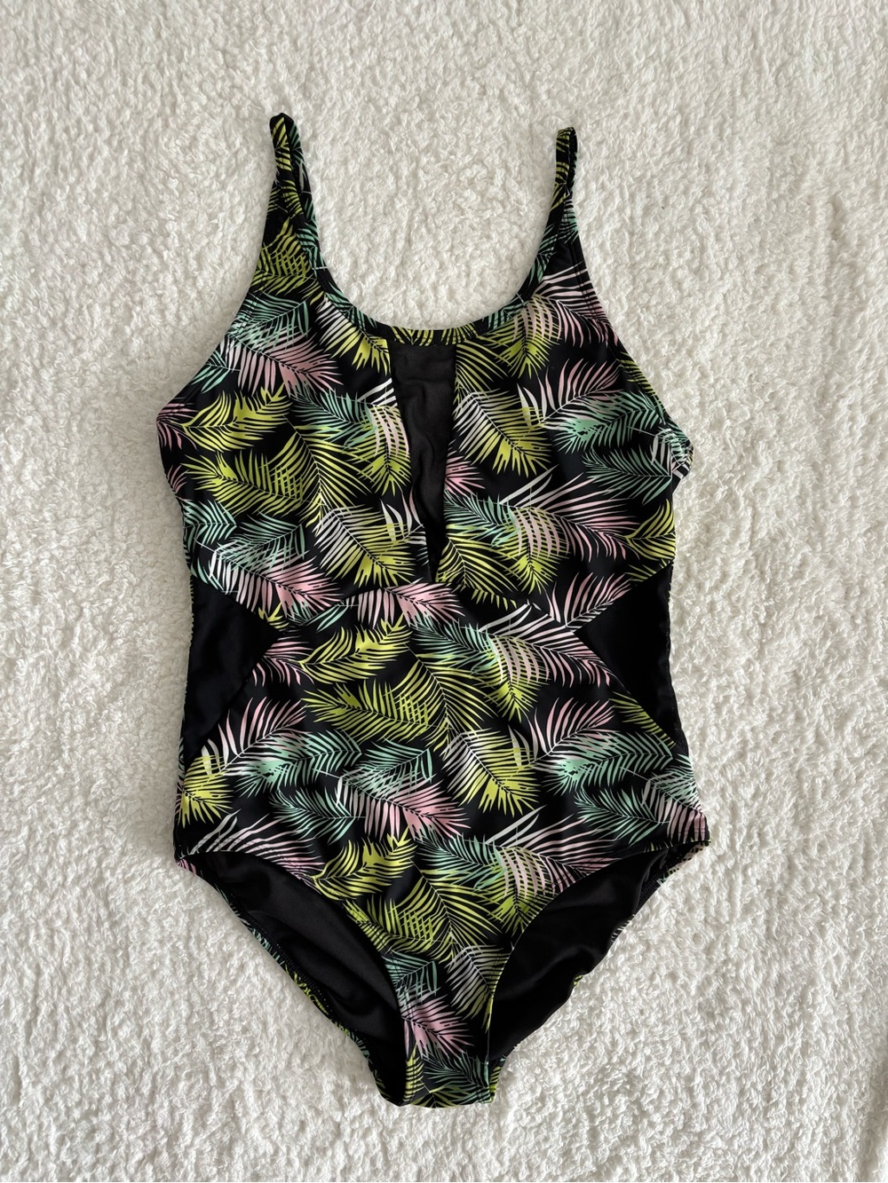 Alisha Levine Tropical Palm Leaf One Piece Swimsuit Mesh Cutout Sz 14